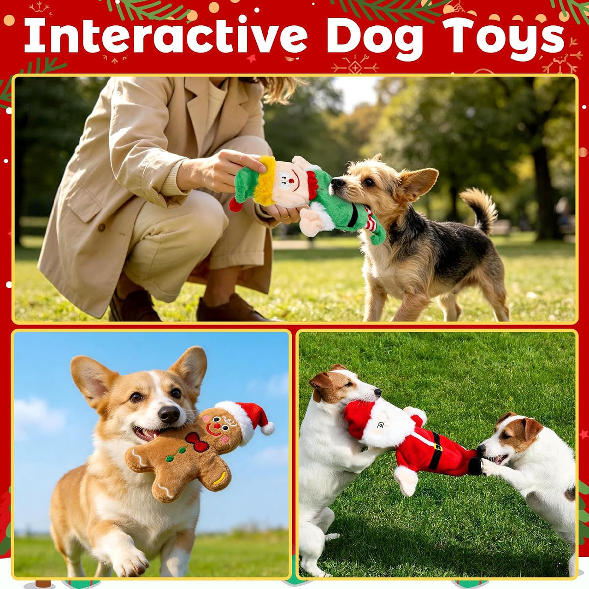 5 Pack Christmas Dog Toys for Small Medium Dogs, No Stuffing Plush Squeaky Dog Toys with Crinkle Paper, Holiday Santa Re