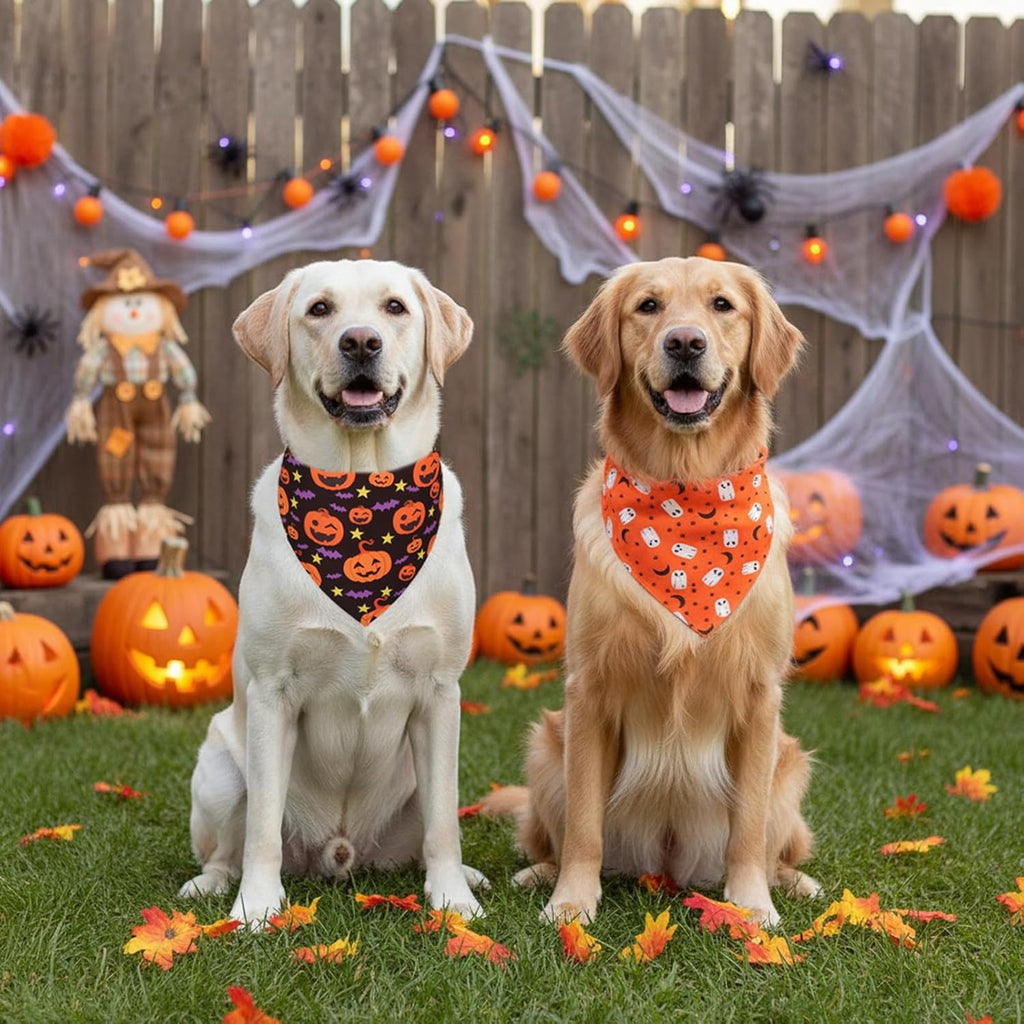 PTDECOR 4 Pack Halloween Dog Bandanas Pumpkin Ghost Bow Fall Scarf, Large