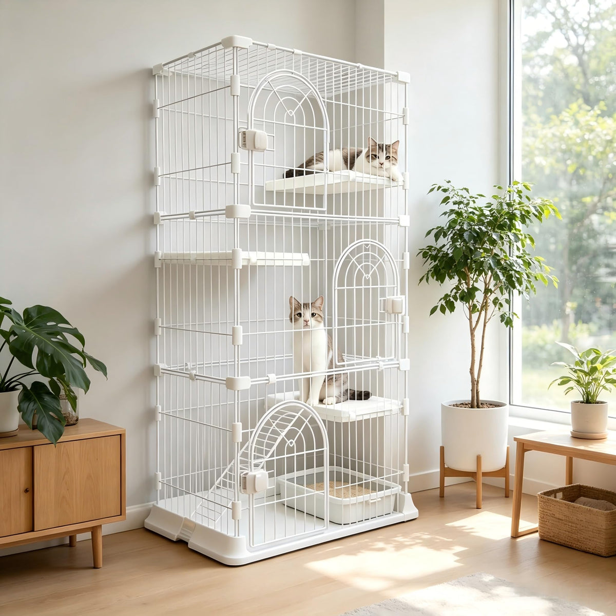 JaxShark Cat Cage for Indoor Cats, DlY Catio & Cat Playpen with Escape-Proof Spacing, Sturdy Metal Cat Crate Kennel for Kittens, Ferrets & Small Animals (White, 3-Tier 52.5")