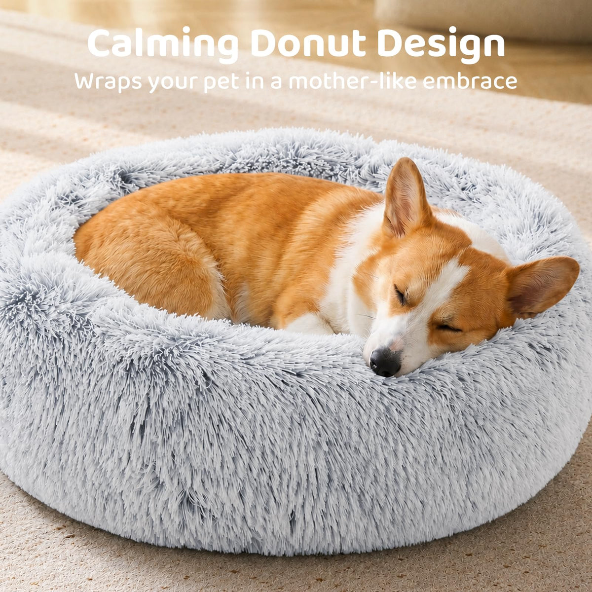 JOLLYVOGUE Small Dog Bed, Calming Soft Anti-Anxiety Donut Cat Bed, Washable Round Fluffy Cushion for Small and Medium Pets (20")