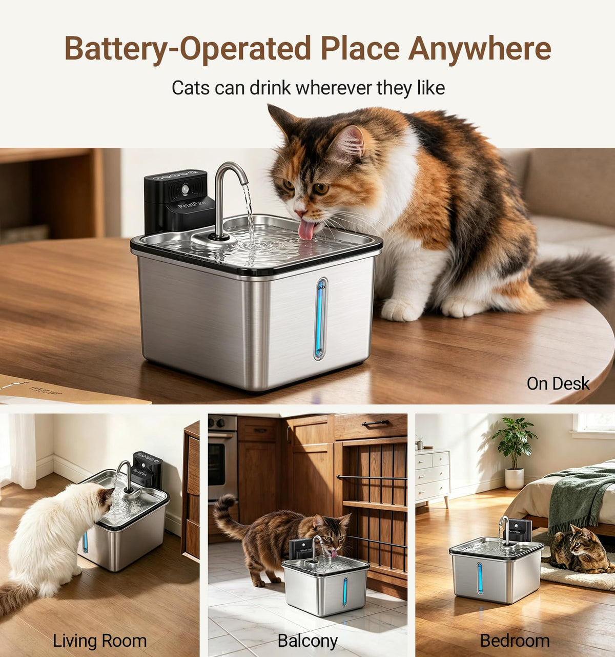 Water & Battery Separation, Wireless Cat Water Fountain, Faucet Design