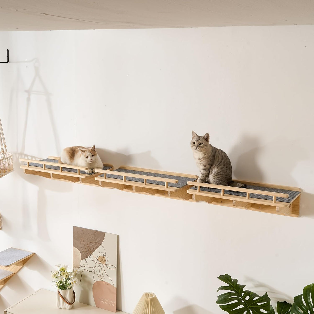 3-Pack Wall Mounted Cat Running Shelves, Parkour Course, Natural Wood