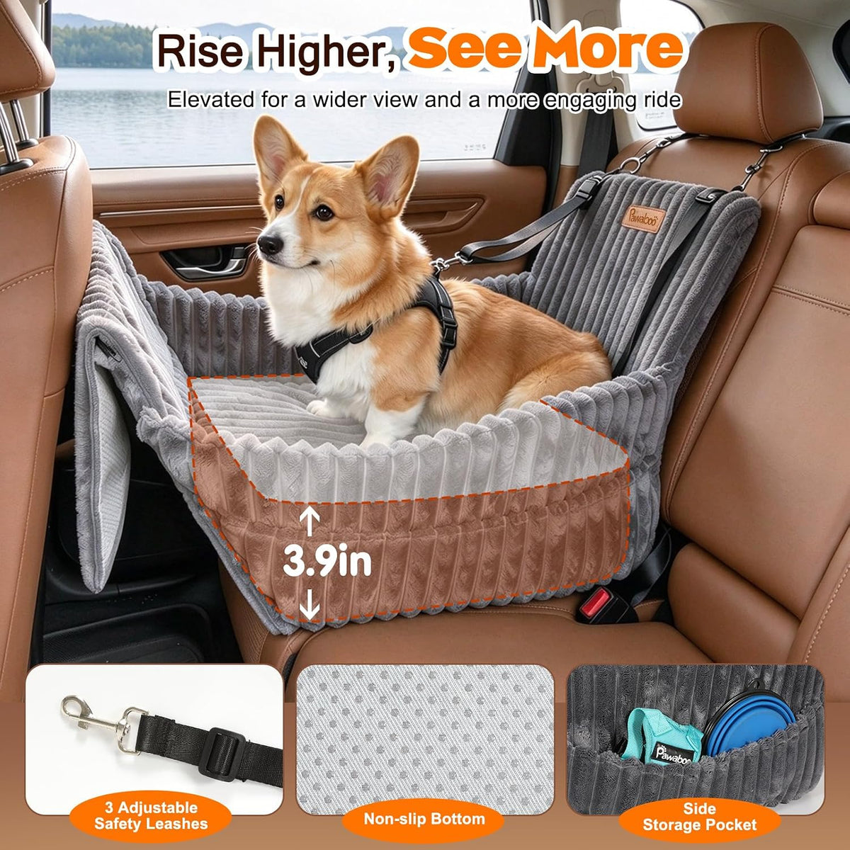 Pawaboo Dog Car Seat for Small Medium Dogs, Grey