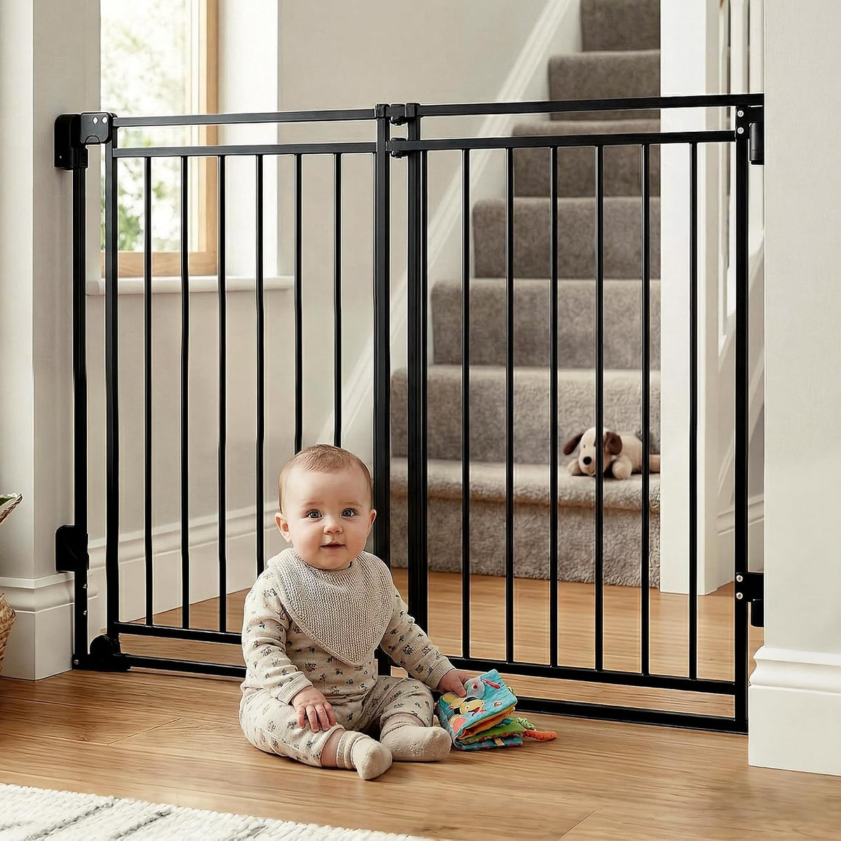 Baby Gate with No Bottom Bar, 29" H x 26.4-43" W, Black | Drill Required, Hardware Mounted, One-Hand Operation, Auto Clo