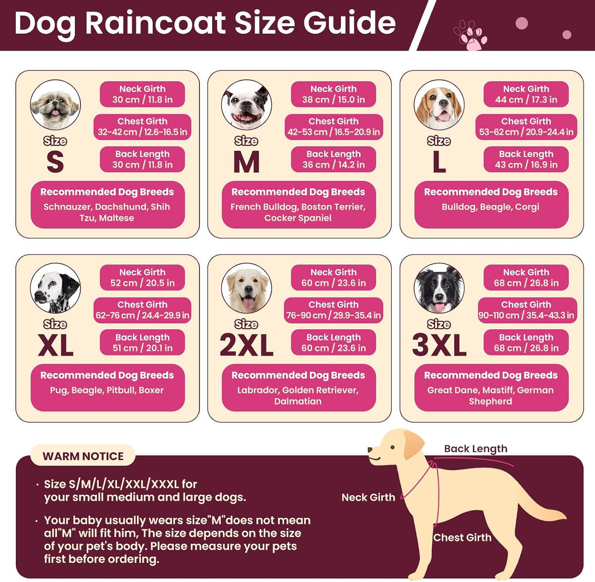 BRKURLEG Dog Raincoat, Waterproof Rain Jacket with Hood, Rose Red, M
