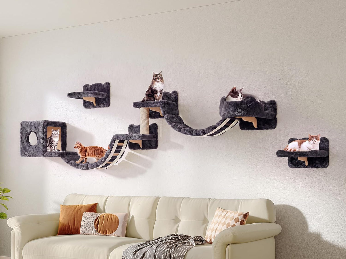Wood Cat Wall Shelves, 11-in-1 Set, Wall Mounted Cat Shelf, Beige