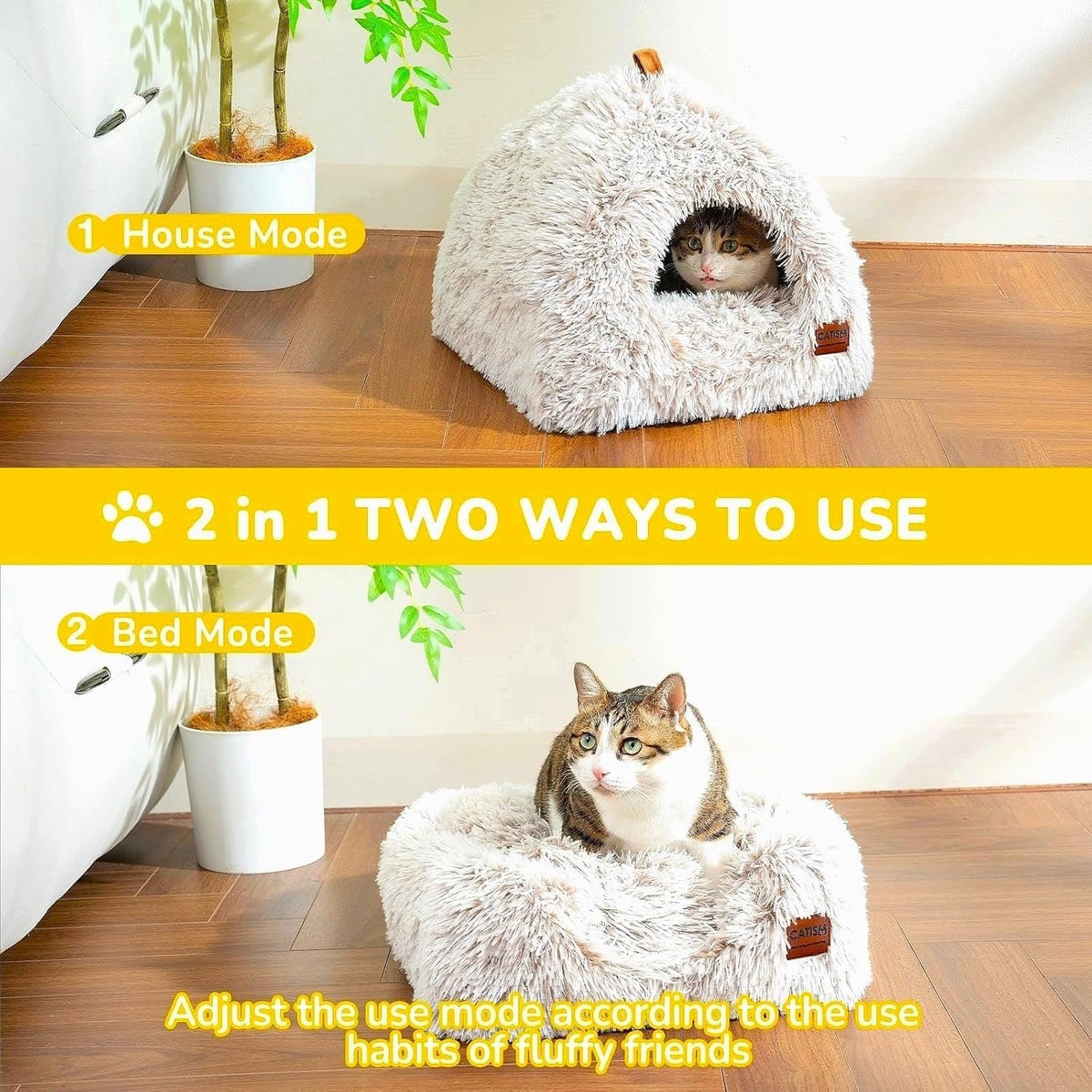 Cat Bed, Cat Cave for Indoor Cats, Soft Cat Dome, Self-Warming 2 in 1 Foldable Pet Cat House with Washable Cushioned Pil