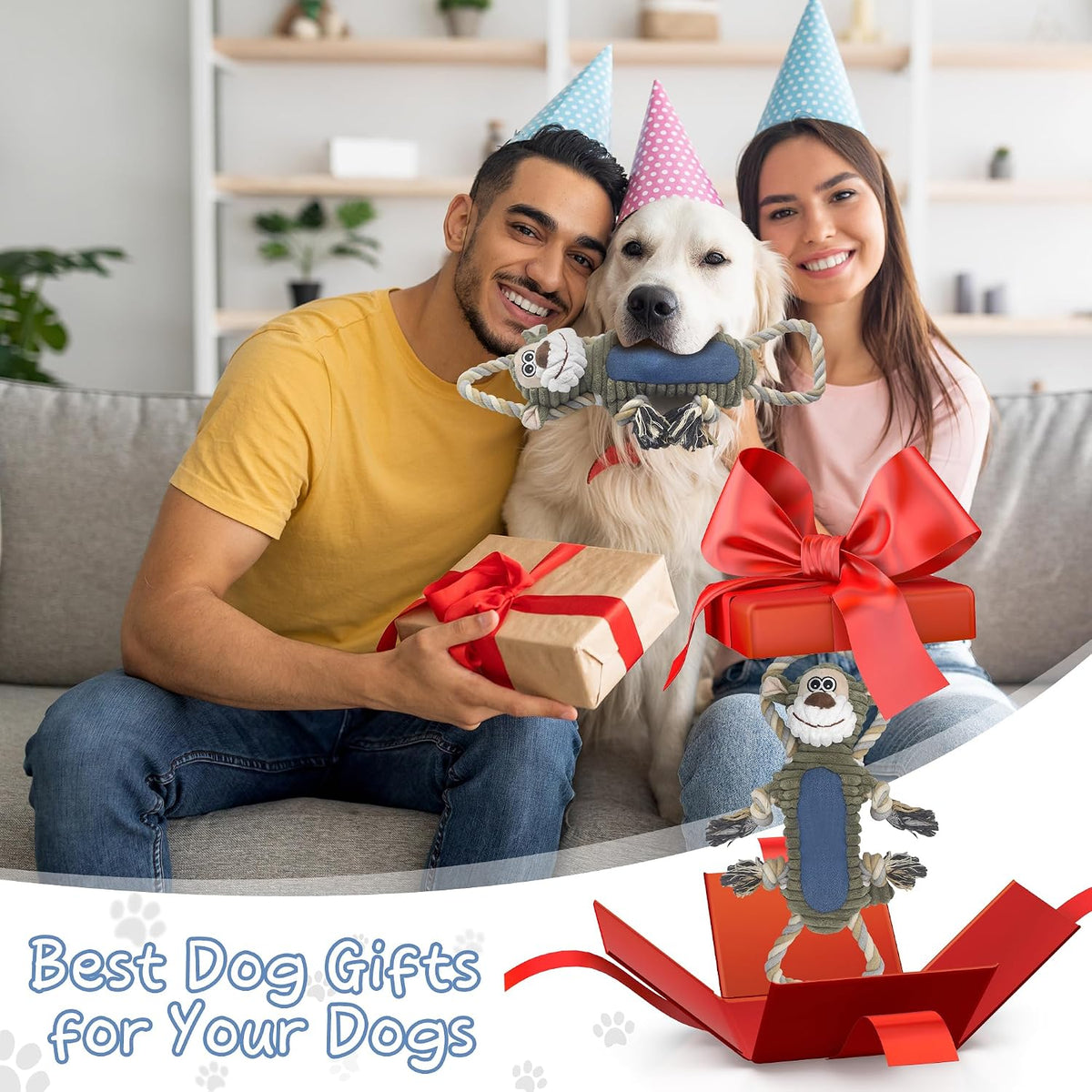 BUYPOW Funny Plush Dog Chew Toys, Squeaky Dog Toys, Interactive Tug of War Puppy Toys, Stuffed Dog Toys for Small, Mediu