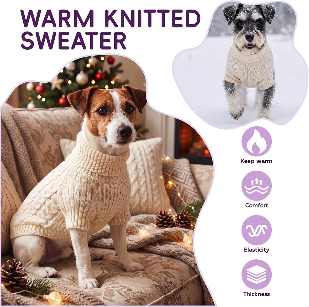 Dog Sweater Turtleneck Cable Knit Pet Sweater for Medium Large Dogs Soft Warm Cream White Dog Winter Clothes with Sleeve