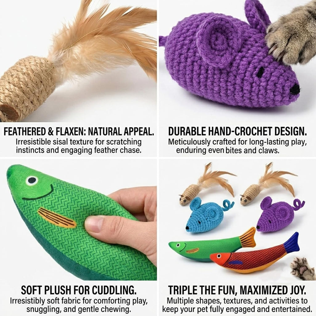 6 Pack Interactive Cat Toy - Crochet Mouse and Catnip Fish Set