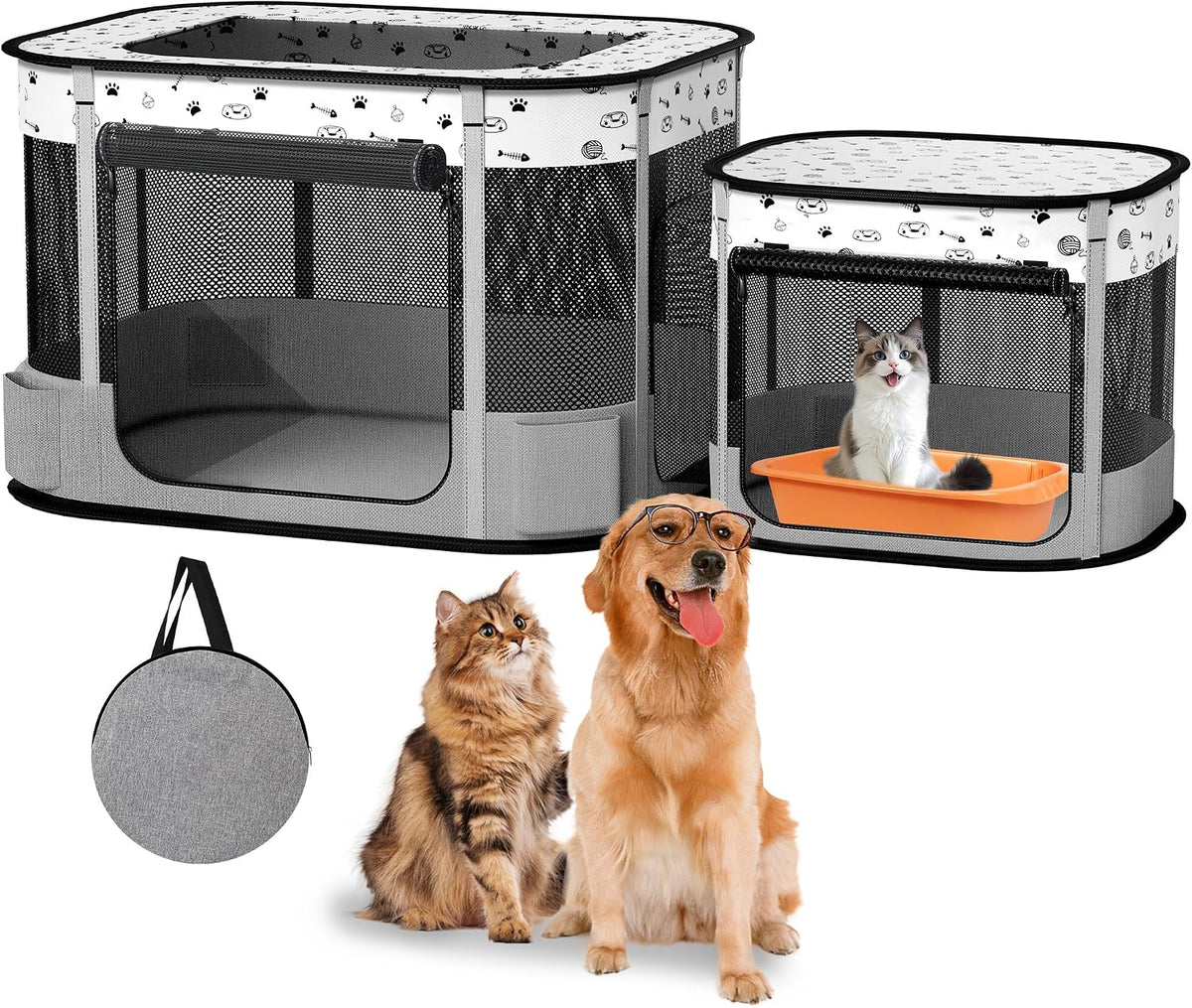 Portable Cat Playpen with Litter Box Area, Foldable Pet Dog Playpen