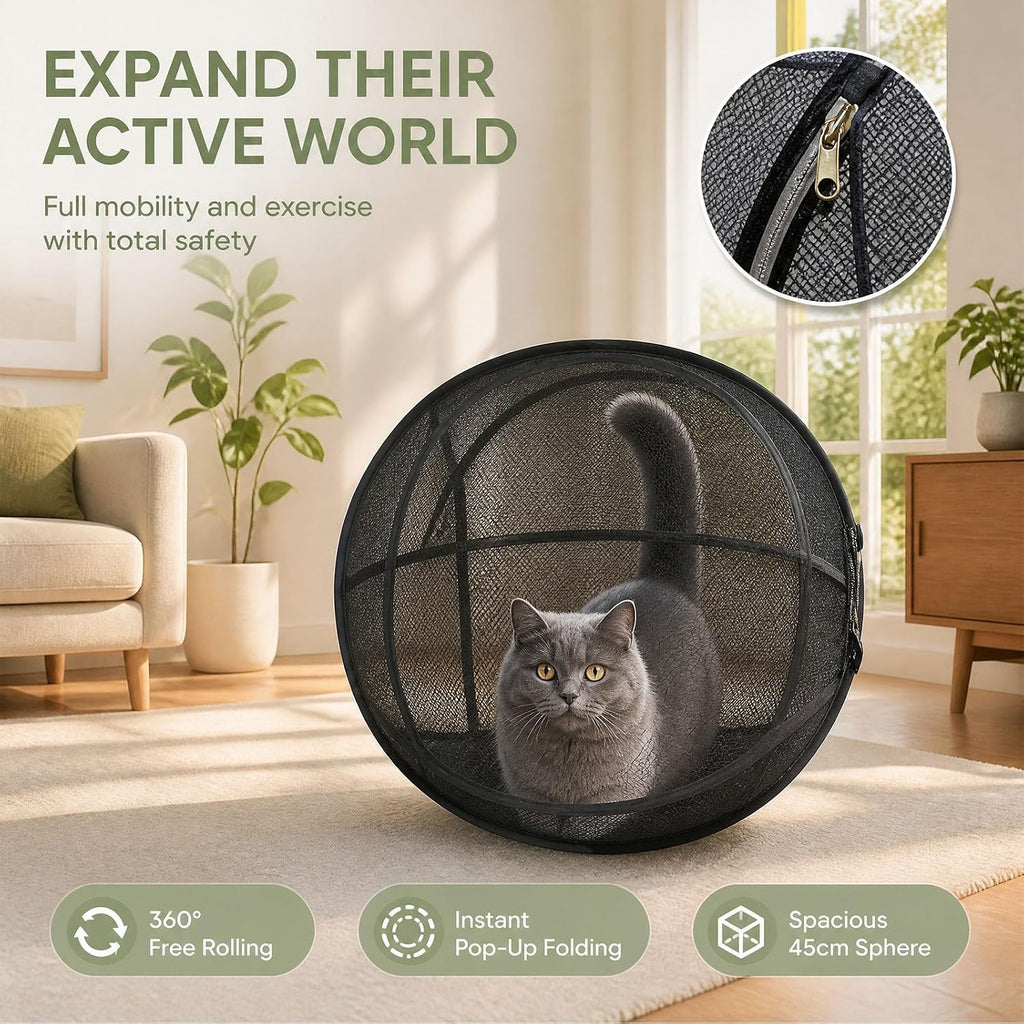 Portable Outdoor Cat Enclosure, 17.7" Rolling 360° Cat Playpen, Mesh Ball Cats Cage, Collapsible Breathable Pet Playpen 