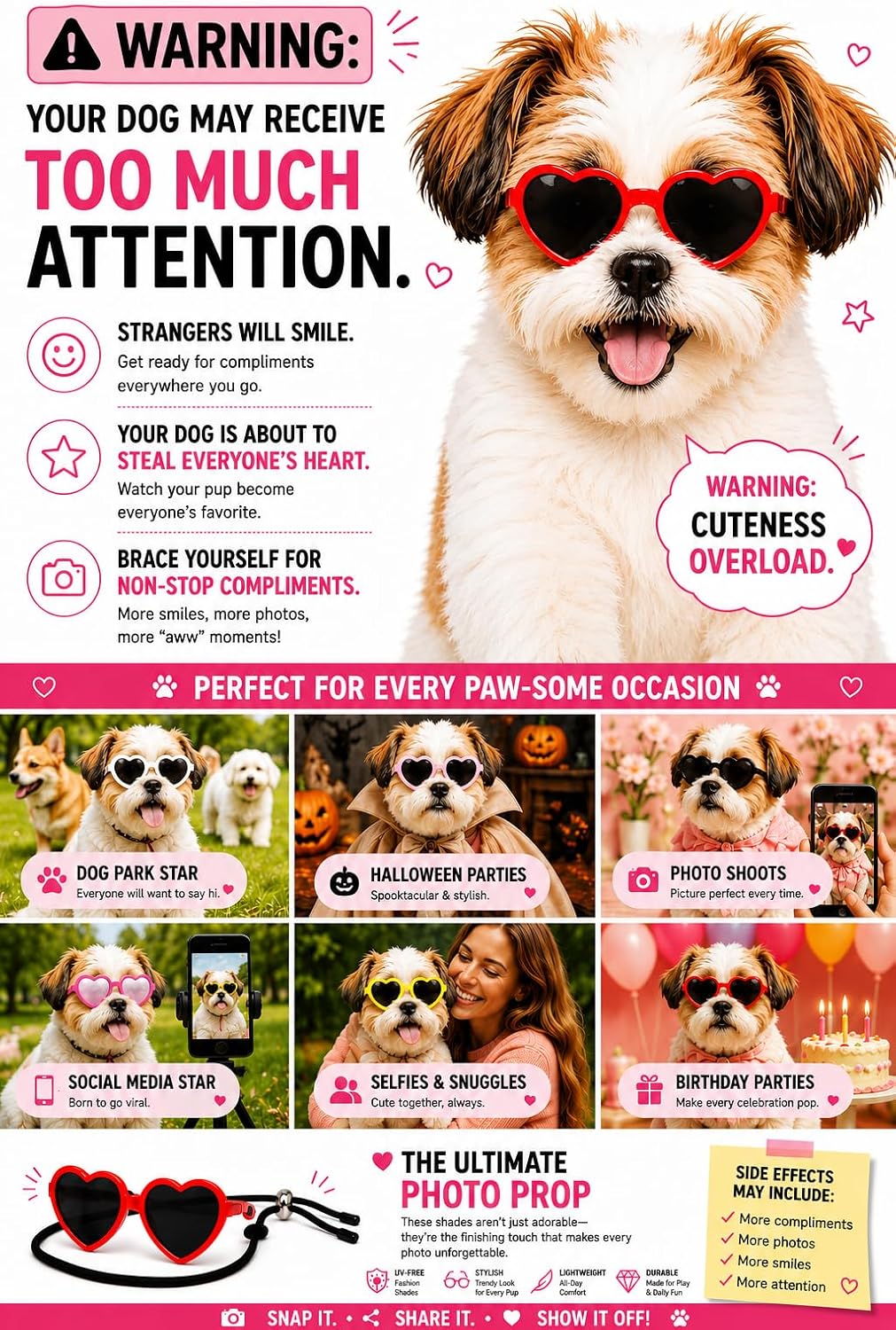 G016-1 Dog Pet Heart Costume Sunglasses for Small to Medium Breed (Up to 15 lbs, Heart Pink-Pink Mirror)