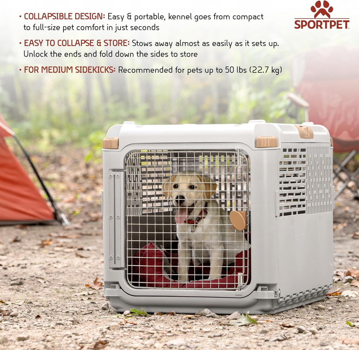 SportPet Designs Collapsible Medium Pet Travel Carrier (Tan), Hard-Sided Kennel for Medium Dogs, Puppies, Cats, Kittens,