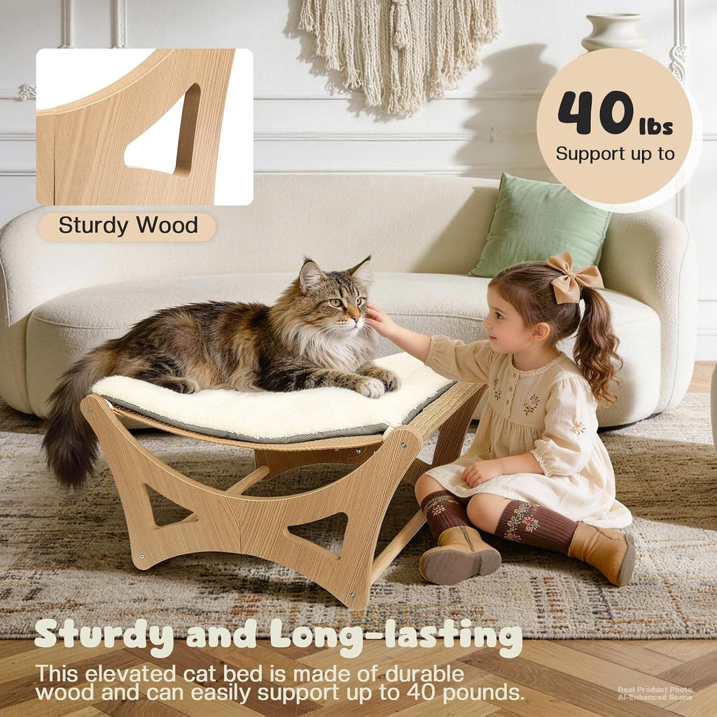 Cat Hammock Bed, Wooden Elevated Cat Beds with Natural Sisal Scratching Mat, Cats Scratcher Bed with Removable Soft Cush