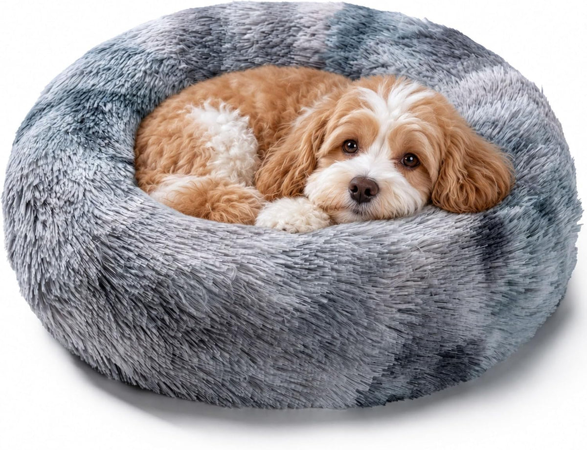 Hoewina Dog & Cat Bed for Indoor Cats, 20in Calming Donut Bed Tie-dye Gray