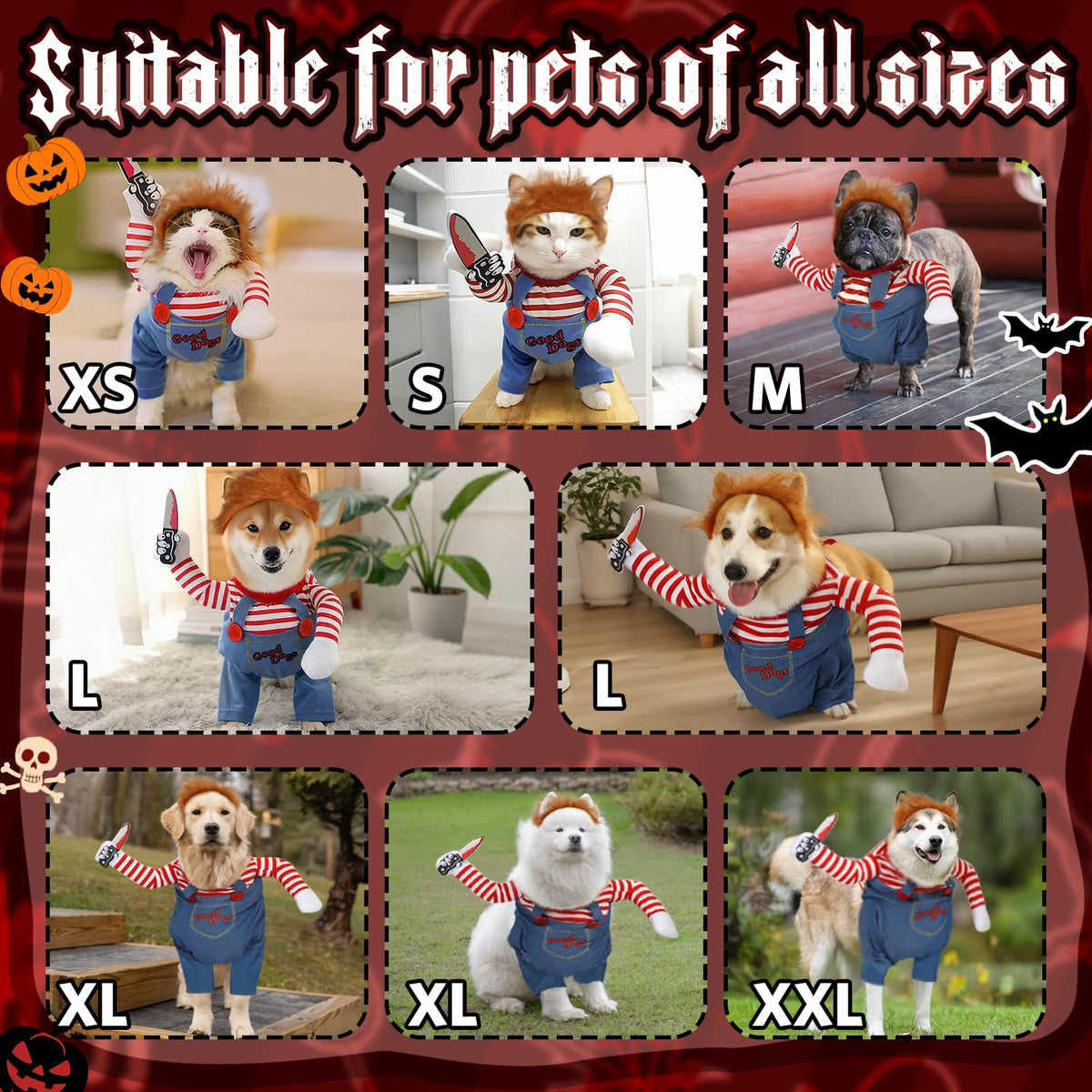 T2Y Dog Halloween Costume Pet Deadly Doll Chucky Dogs Costume with Knife & Wig, Dog Costumes for Medium Dogs Funny Party Cosplay Halloween for Corgi, Pug, Frenchie, Dachshund【M】