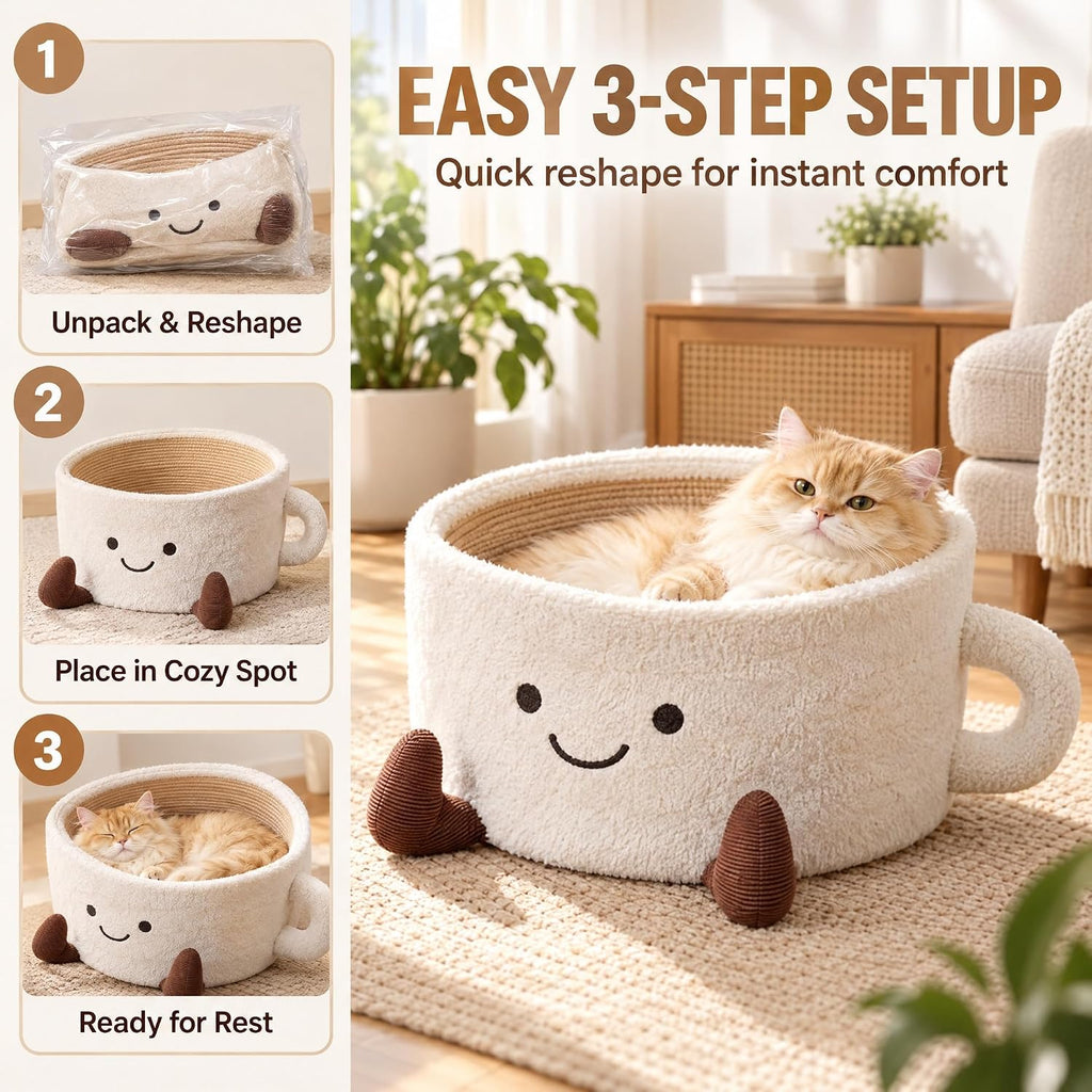 Coffee Cup Cat Bed, Teacup Shaped Handwoven Pet Bed for Cats Small Dogs