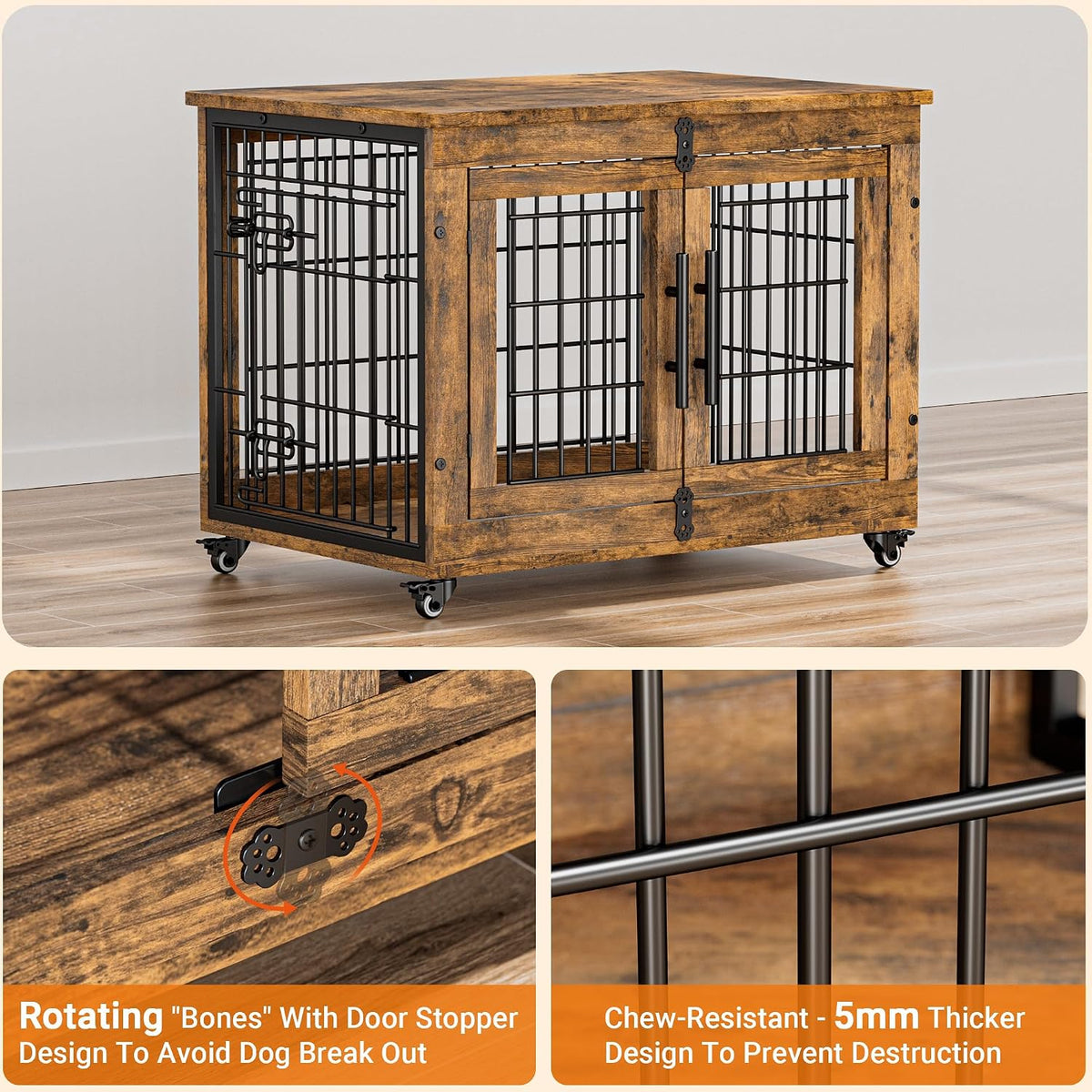 Medium Dog Crate Furniture, 32'' Heavy Duty Kennel w/Cushion & Wheels