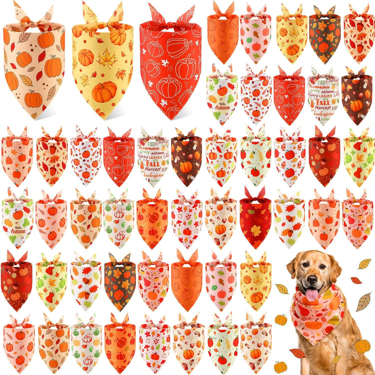 Abbylike 50 Pcs Fall Thanksgiving Dog Bandanas Bulk, Pumpkin, Large Dogs