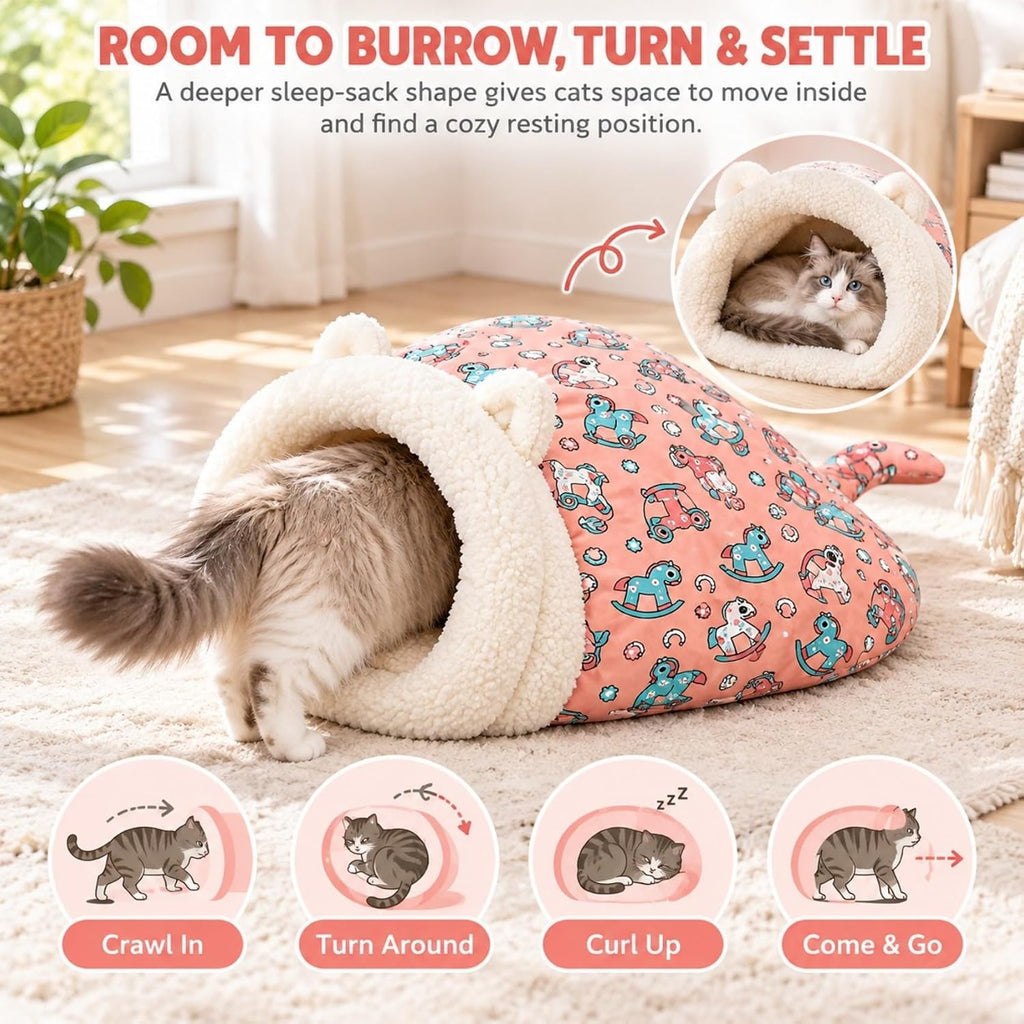 Cat Sleeping Bag for Indoor Cats, Plush Cat Sack Bed with Cozy Cave Opening