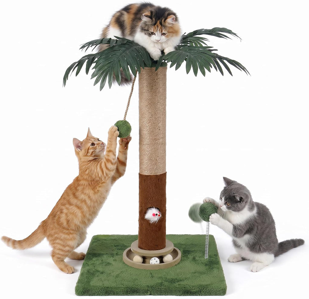 Cat Scratching Post 35'' Tall with Toy Mouse for Indoor Cats, Green