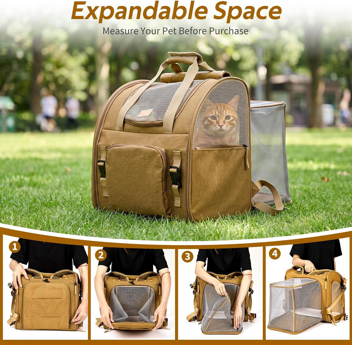Expandable Cat Carrier Mesh Backpack with Expandable Mesh Side, Padded Shoulder Straps, Breathable Nylon Travel Backpack