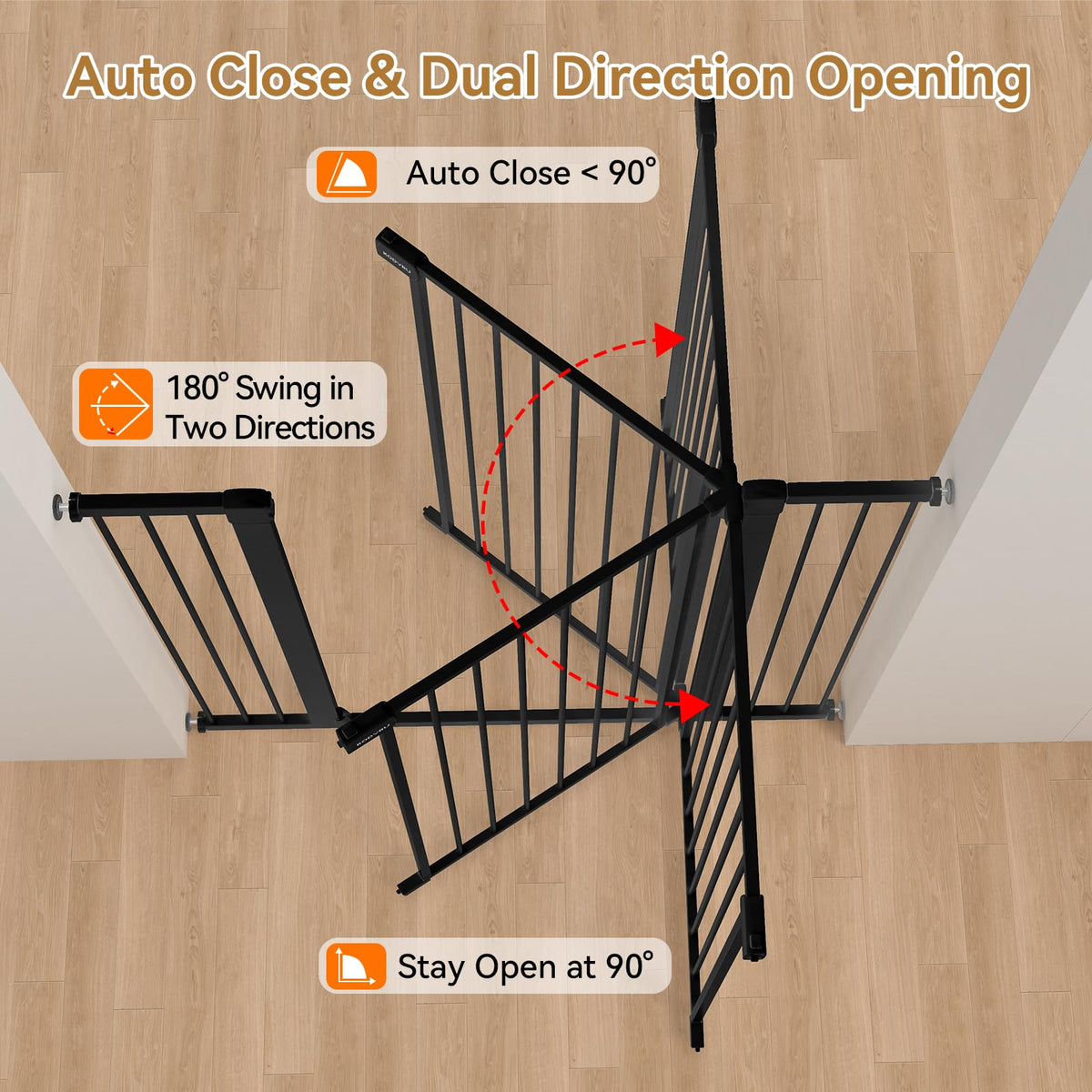 KODYRU 43 inch Tall Safety Baby Gate Adjustable 29.7-45.2inch Extra-Wide Metal Baby Gate Drill-Free Pressure-Mount Installation kit Self-Closing BabyGate for Stairwells、Doorways（Black）