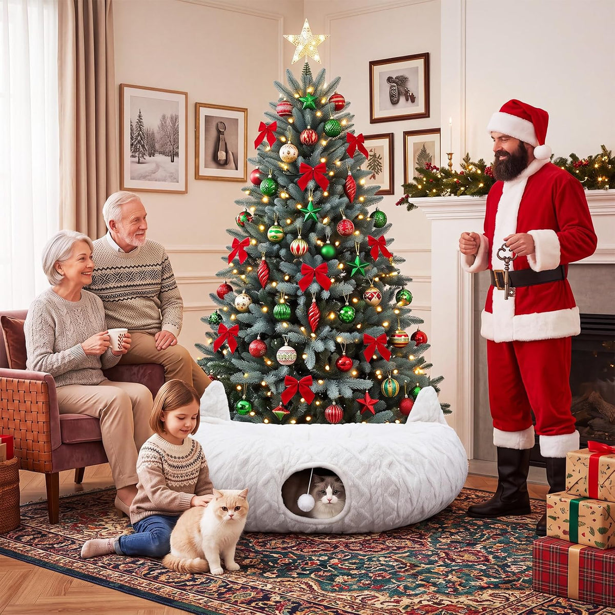 Christmas Cat Tunnel Tree Skirt, White, 43.3 x 12 in, Cat Ear