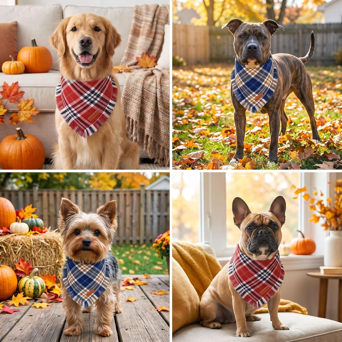 PTDECOR Fall Plaid Dog Bandana with Tassels,Thanksgiving Pet Scarf, Large