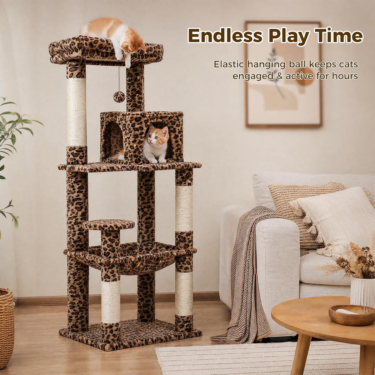 PETEPELA Leopard Print Cat Tree, 56in 4-Tier Cat Tower for Indoor Cats