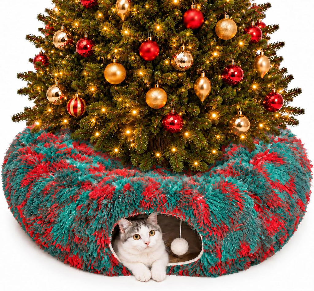 Fluffy Cat Tunnel Bed Under Christmas Tree, Plush Warm White