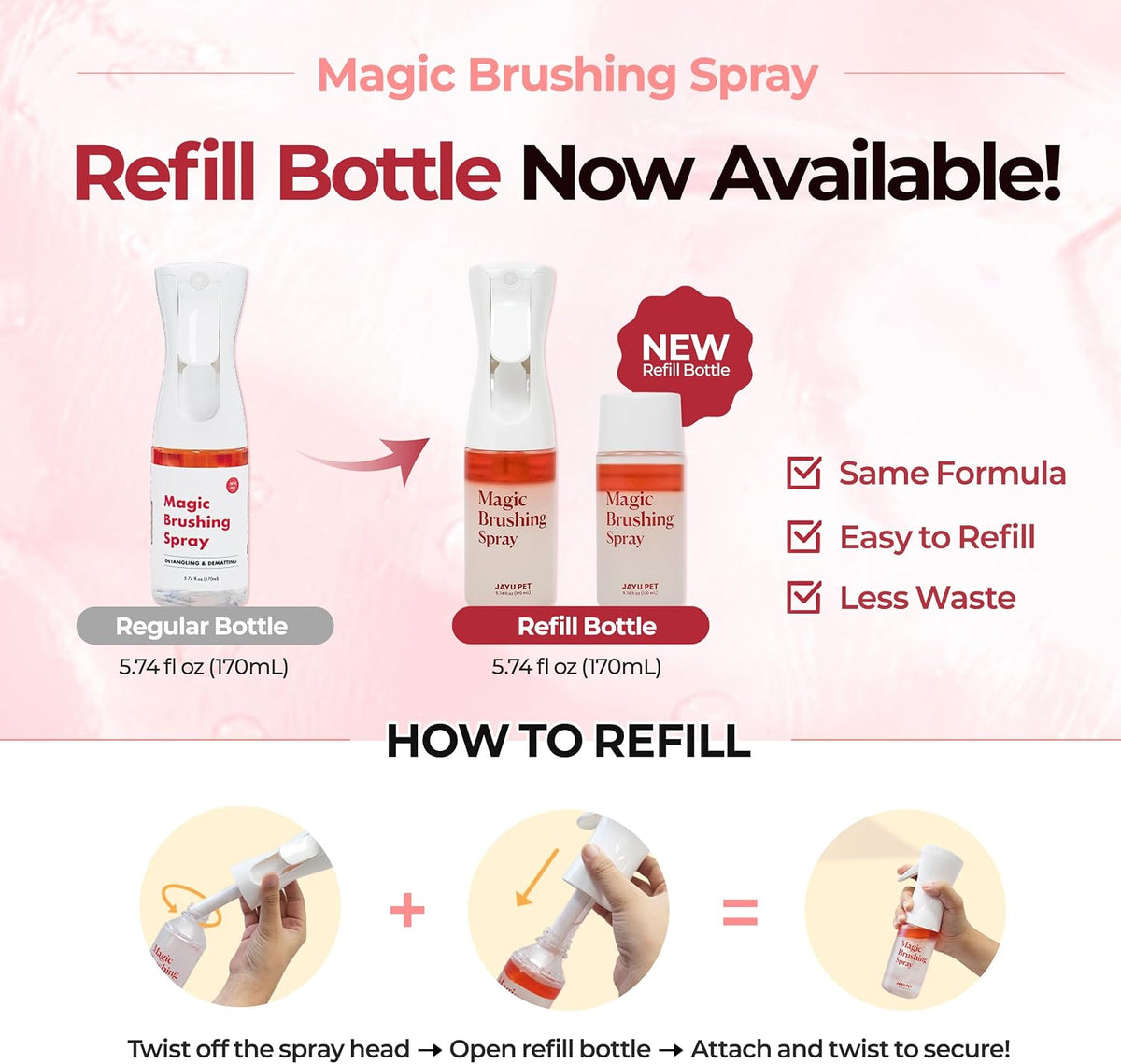 JAYU PET Magic Brushing Spray + Refill Bottle 1EA - Detangling and Deodorizing Spray for Dog & Cat