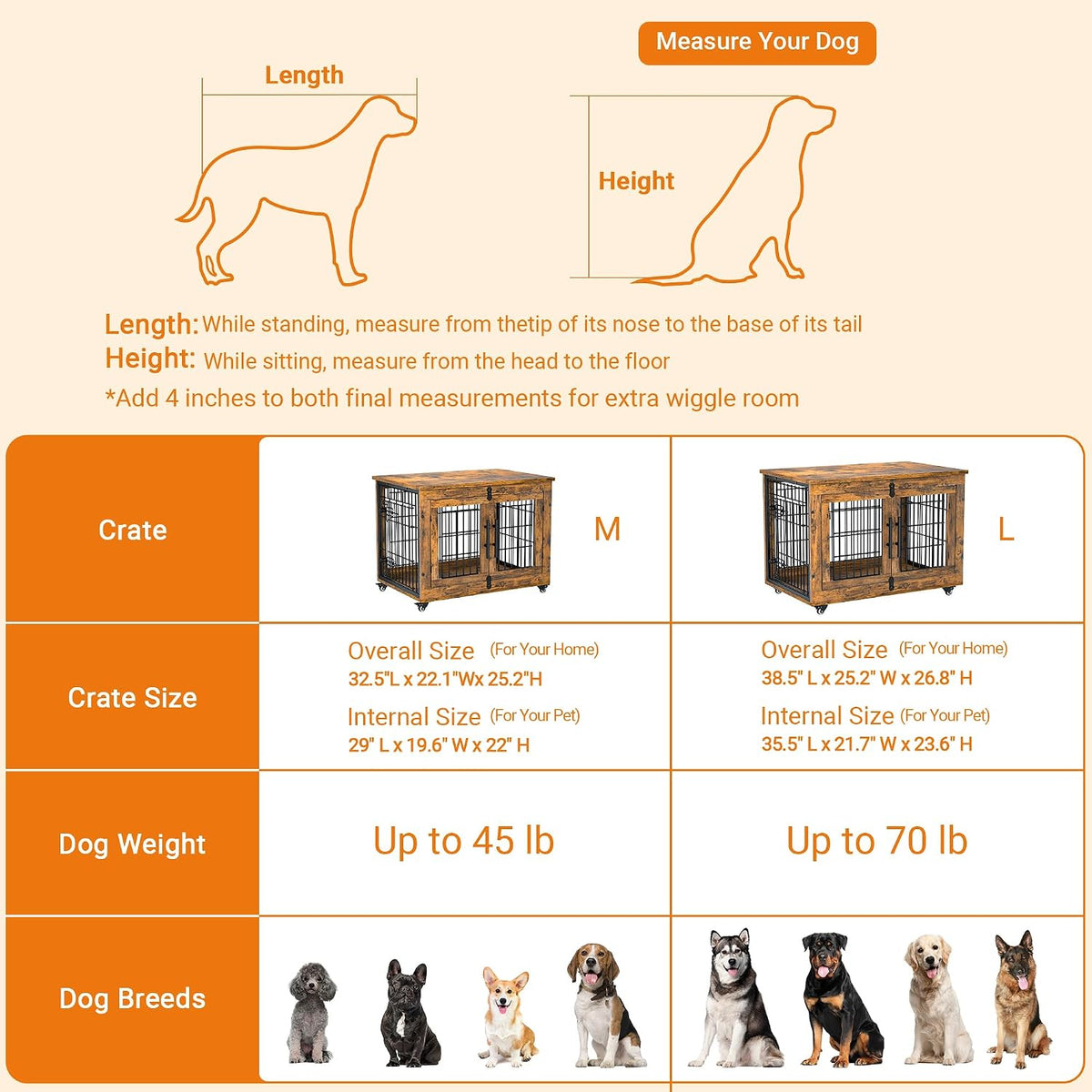 Medium Dog Crate Furniture, 32'' Heavy Duty Kennel w/Cushion & Wheels