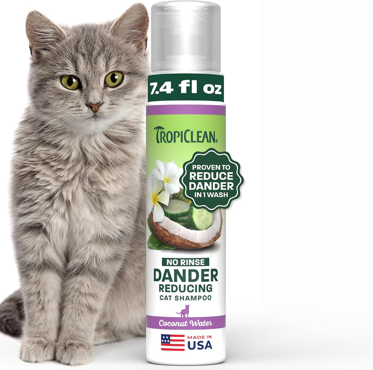 TropiClean No Rinse Waterless Cat Shampoo, Dander Reducing, 7.4oz