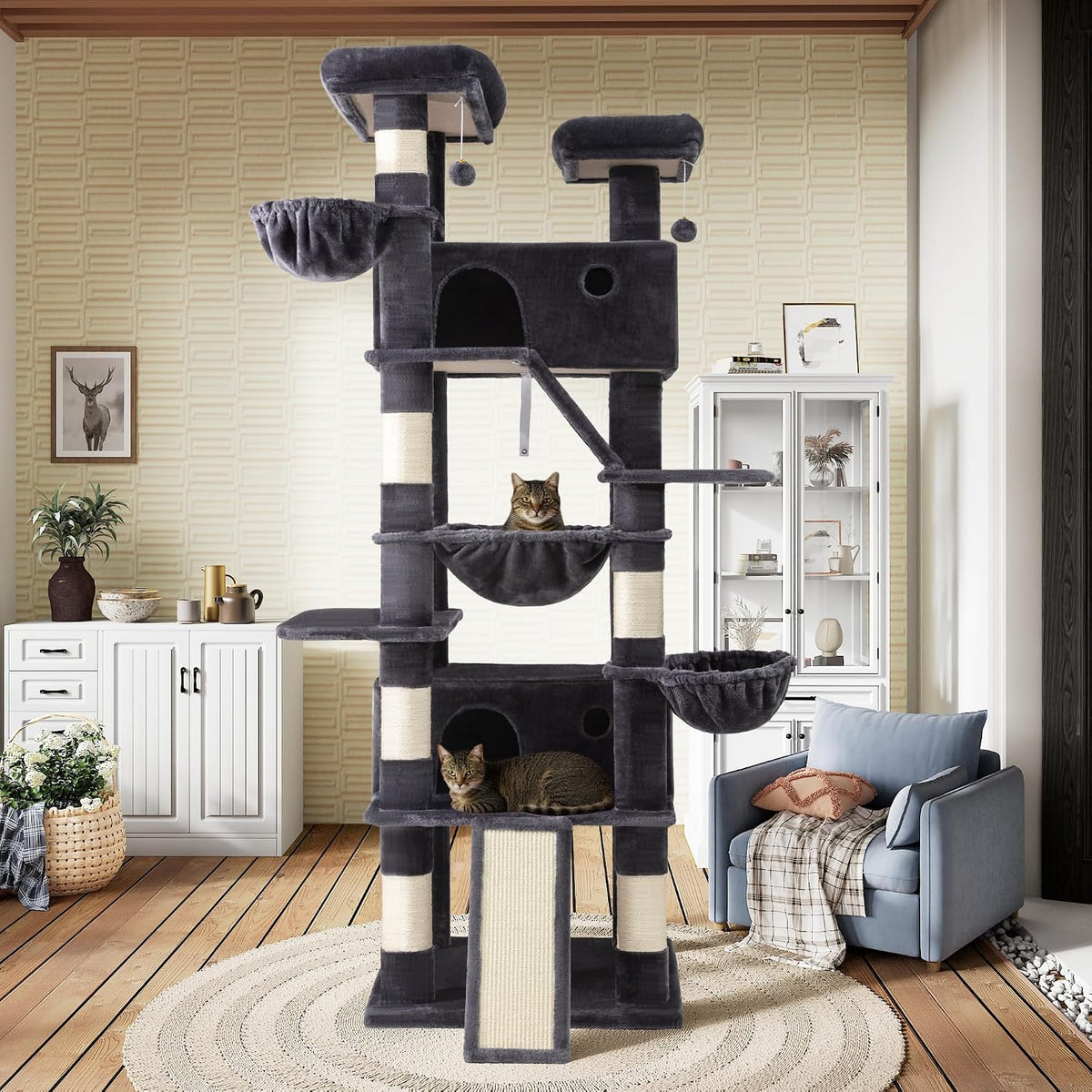 SHA CERLIN 81in Multi-Level Tall Cat Tree Tower for Indoor Kitties/Larger Cat Condo Furniture with Hammock/Cozy Pussycat