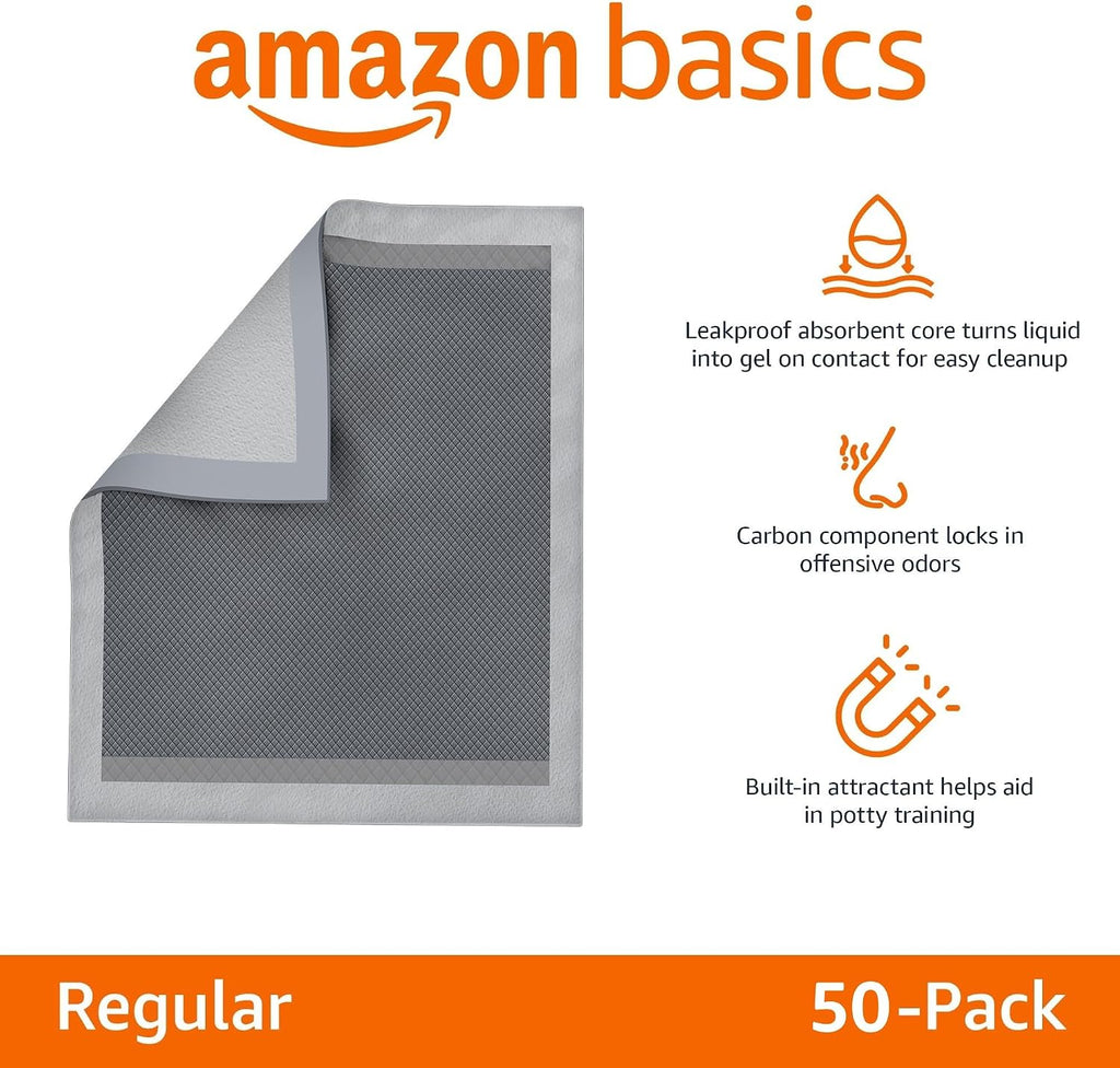 Amazon Basics Carbon Odor Control Dog and Puppy Pee Pads, 5-Layer Leak-Proof Super Absorbent, Quick-Dry Surface for Pott