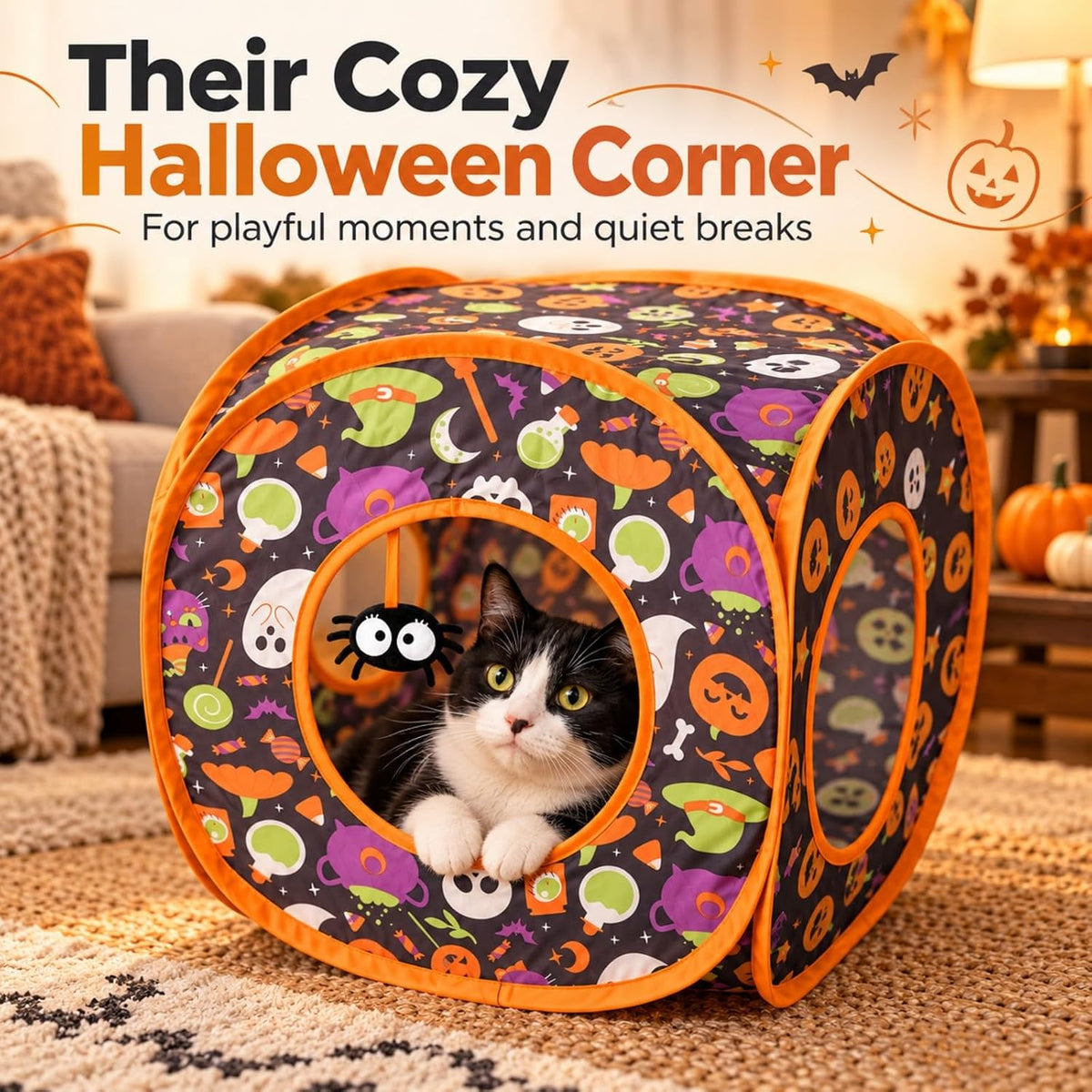 Halloween Square Cat Tunnel for Indoor Cats, Hide and Play Toy