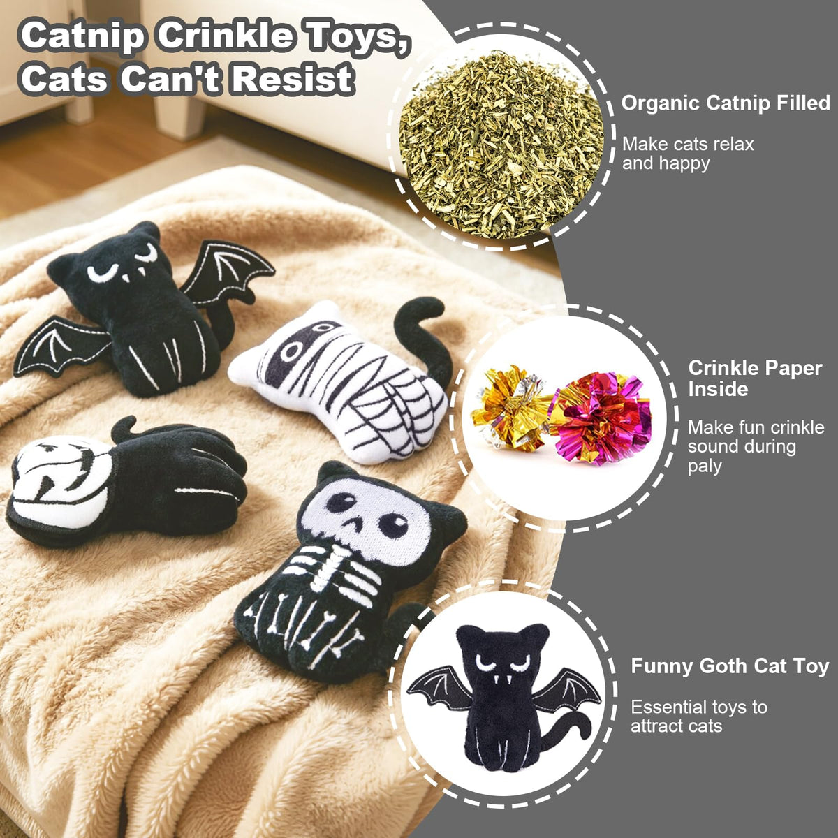 Retro Shaw Catnip Halloween Cat Toys, Goth Kitten Toy for Indoor Cats ,4PCS