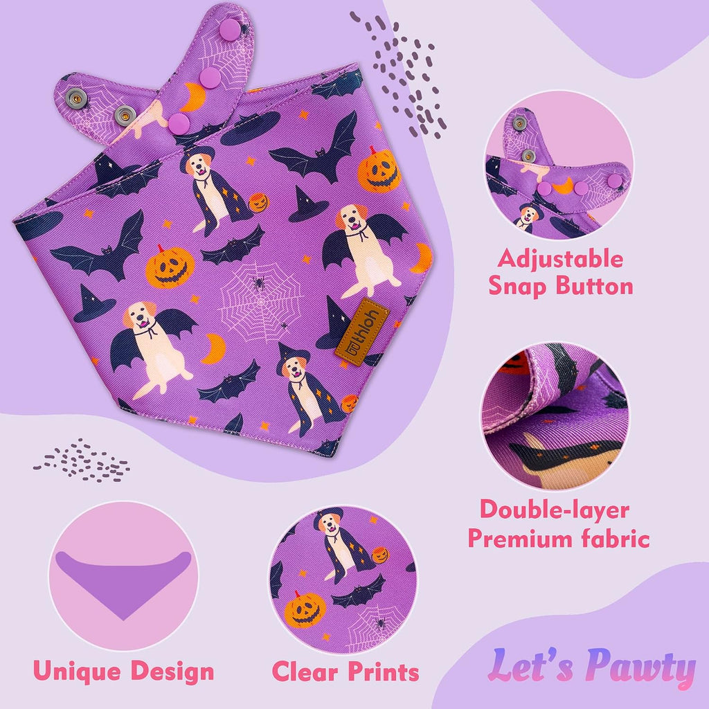 Halloween Dog Bandanas - 2 Pack Purple Dog Bandana with Snap Button | Reversible Pet Scarf for Boy & Girl | Premium Dura
