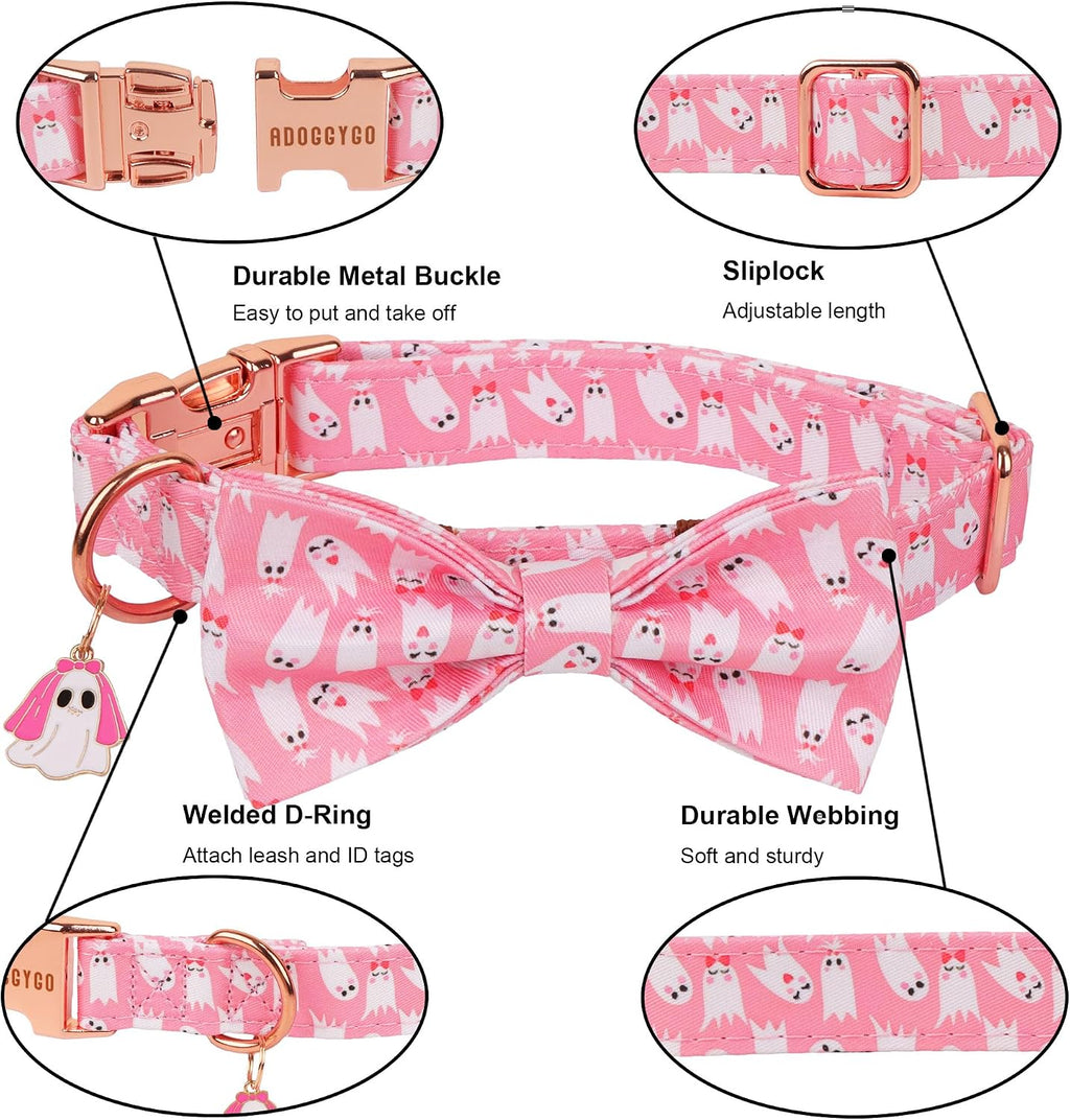 Pink Halloween Dog Collar Girl, Ghost Bow Dog Bow Tie Collar L