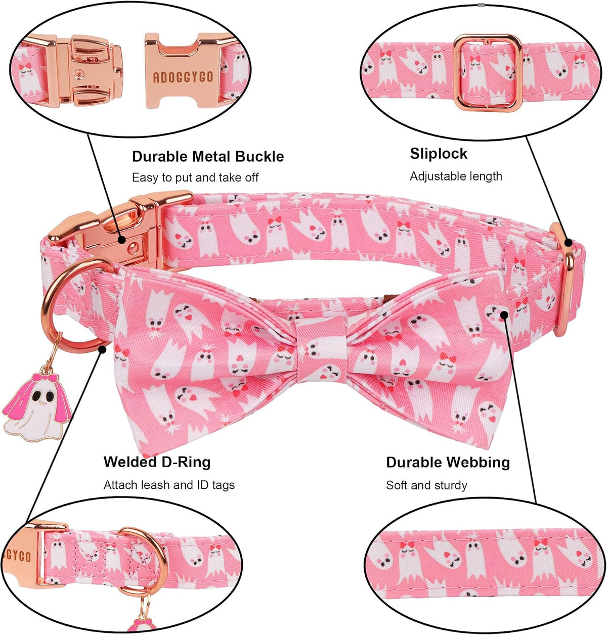 Pink Halloween Dog Collar Girl, Ghost Bow Dog Bow Tie Collar L