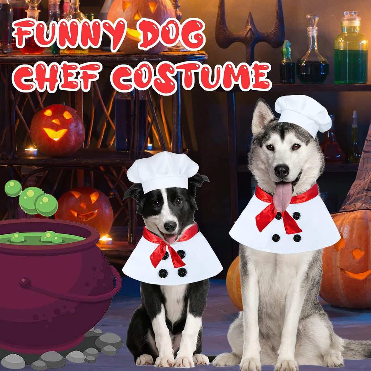 GOYOSWA Dog Halloween Costumes, Dog Chef Costume Chef Hat Clothes with Red Scarf Funny Holiday Clothes Outfit Halloween 