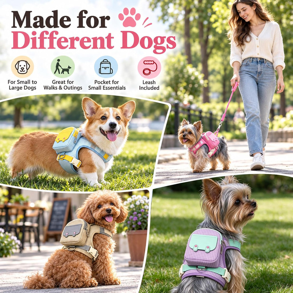 Dog Backpack Harness with Detachable Mini Pouch & Leash for Outdoor
