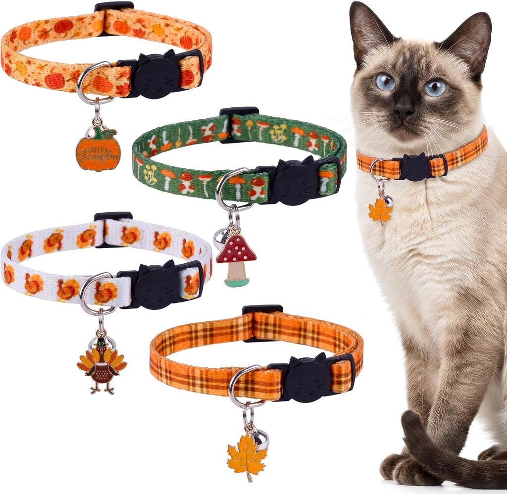 4 Pack Thanksgiving Cat Collars Breakaway with Bell and Charm Adjustable Fall Kitten Collar Set Pumpkin, Turkey, Maple L