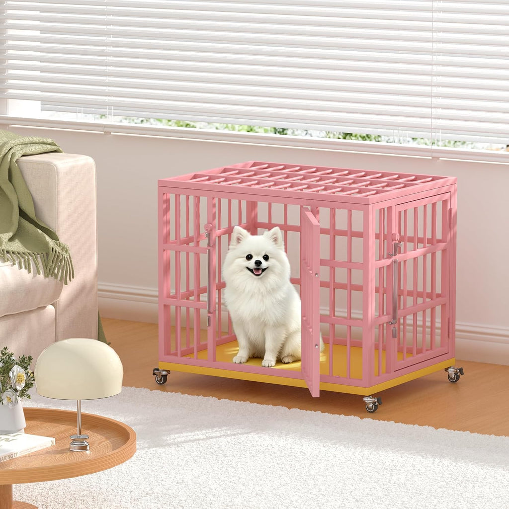 VERIFURTY 24" Heavy Duty Dog Crate, Pink Metal Kennel for Small Dogs