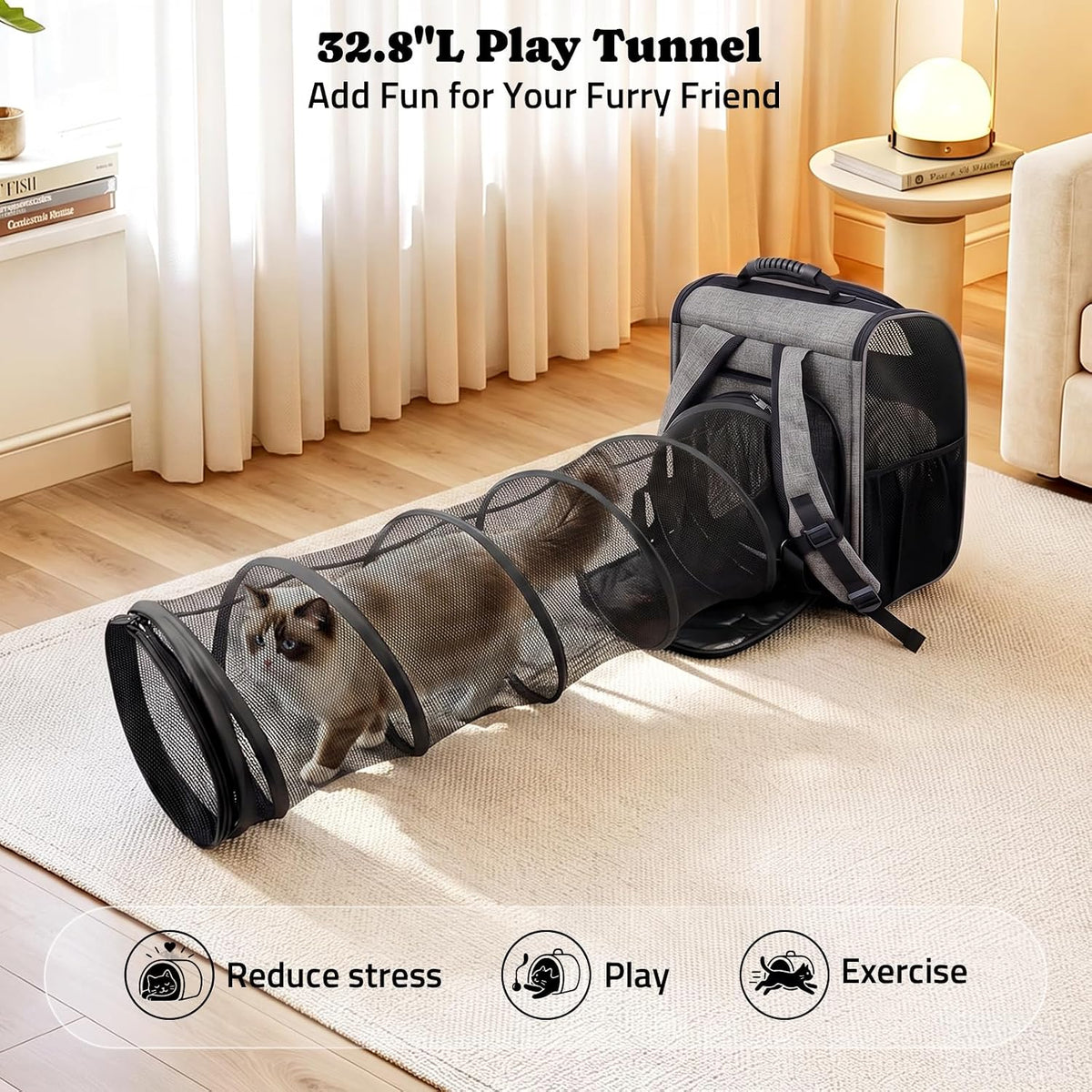 Cat Backpack Carrier with Play Tunnel, Design for Carrying Playing