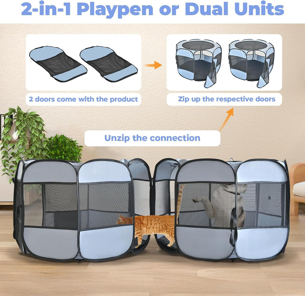 2-in-1 XLarge Cat Playpen, Detachable into 2 Separate Playpens with Additional 2 Doors, Portable Dog Playpen Cat Tent En