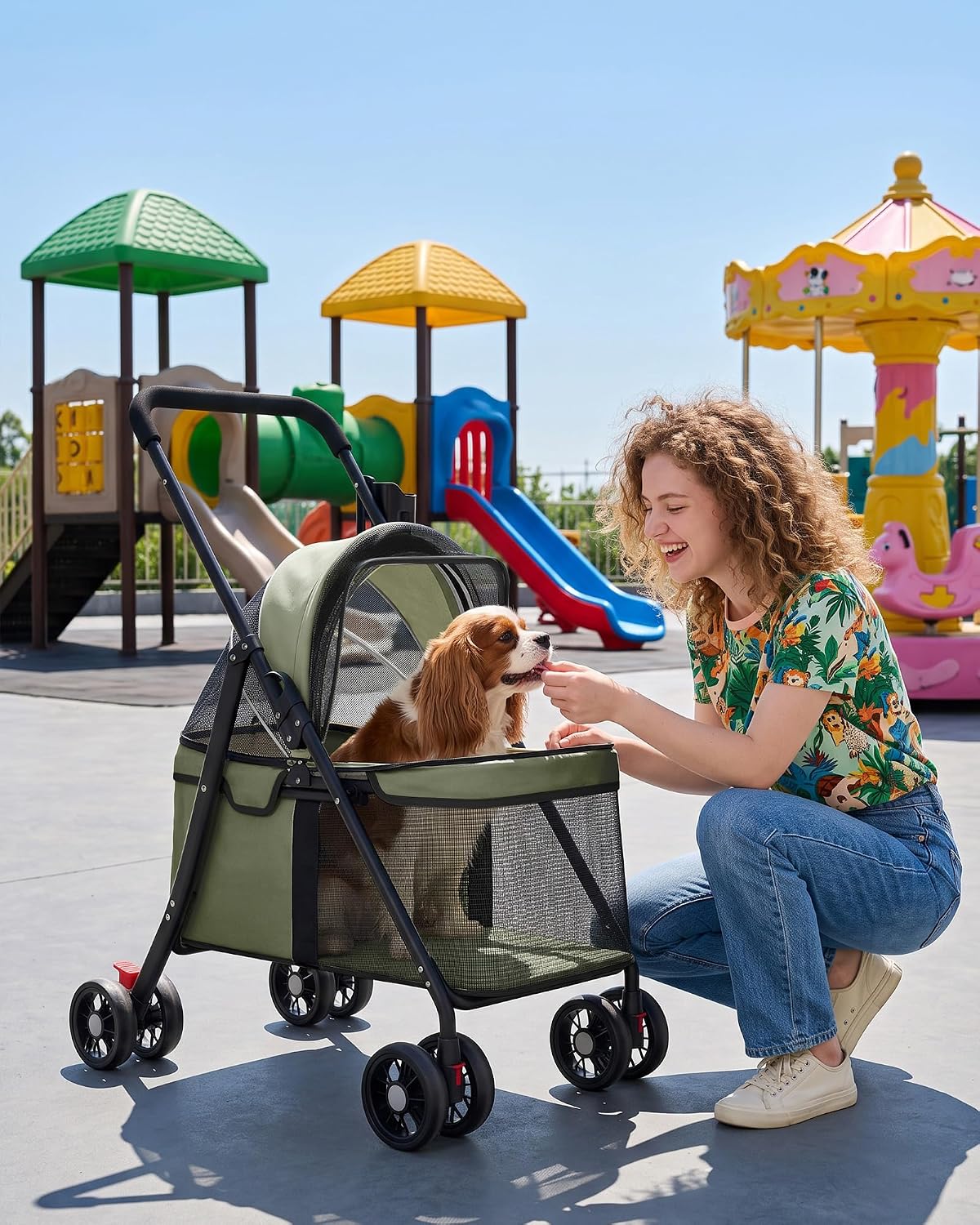 GTPLAYER Foldable Pet Stroller for Small Dogs and Cats, Holds Up to 33 lb, 4-Wheel Stroller, Full Mesh Ultra Breathable,