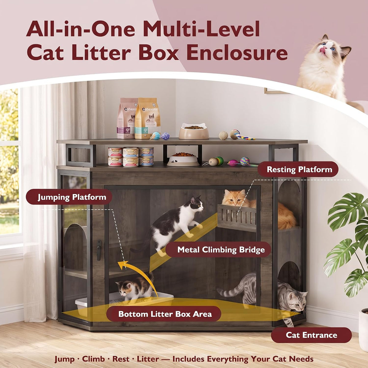 48" Corner Cat Cage Furniture w/2-Tier Shelves, Large Cat House
